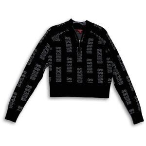 NEW GUESS BLACK WITH WHITE "GUESS" LOGO 1/4 ZIP CROPPED SWEATER XL